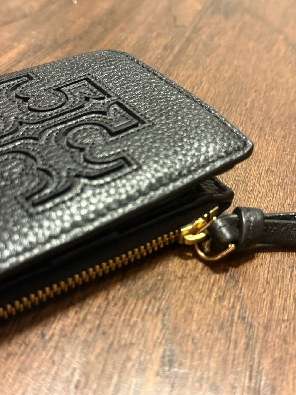 Tory Burch Black Leather Bifold Wallet with Embossed Detail and Gold Tones
